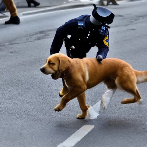 Image similar to a dog wearing a policeman uniform, chasing a robber down a street, polarid