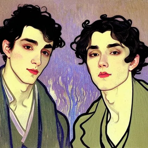 Image similar to painting of young cute handsome beautiful dark medium wavy hair man in his 2 0 s named shadow taehyung and cute handsome beautiful min - jun together at the halloween! party, bubbling cauldron!, candles!, smoke, autumn! colors, elegant, wearing suits!, clothes!, delicate facial features, art by alphonse mucha, vincent van gogh, egon schiele