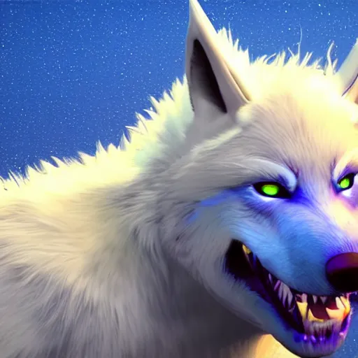 Prompt: a giant blue wolf with a white main and two unicorn horns, a white star shape on his forehead, yellow eyes, beautiful, ultra realistic, great wolf, unreal engine 5, dynamic lighting, highly detailed, lightning around