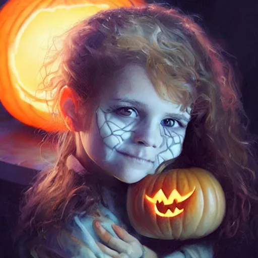 Prompt: a little girl with short wavy curly light brown hair and blue eyes with her face painted like a jack o lantern pumpkin. halloween themed painting by artgerm and greg rutkowski.