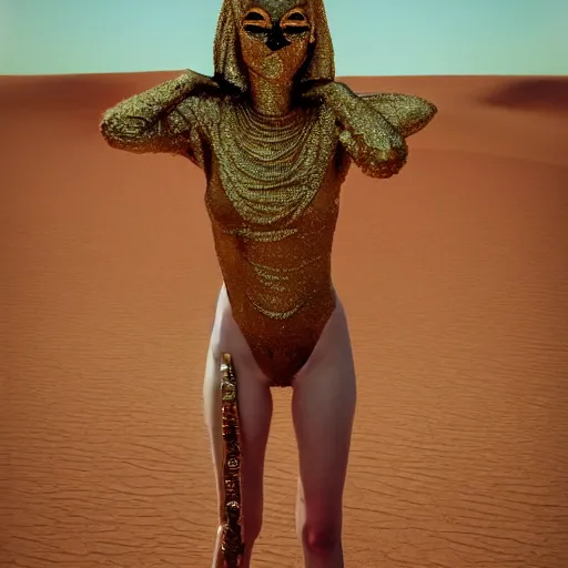 Prompt: full body shot of a pale woman in arocky desert landscape, wearing a full face occult golden mask, jewels above her head, dry rocks desert background, smoke around her, glowing eyes, award winning photography, 8k, in the style of Darren Arnofsky, David Lynch and Alejandro Jodorowsky, Gaspar Noe