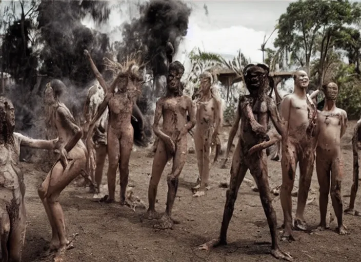 Image similar to sensual scene from art house film by alejandro jodorowsky, roger ballen, surreal dance scene of ritual in a picturesque outdoors setting, ashes, new guinea mud man, costumes, snakes, smoke, close - up of the actors'faces, sharp, medium format 6 x 6, 1 6 k