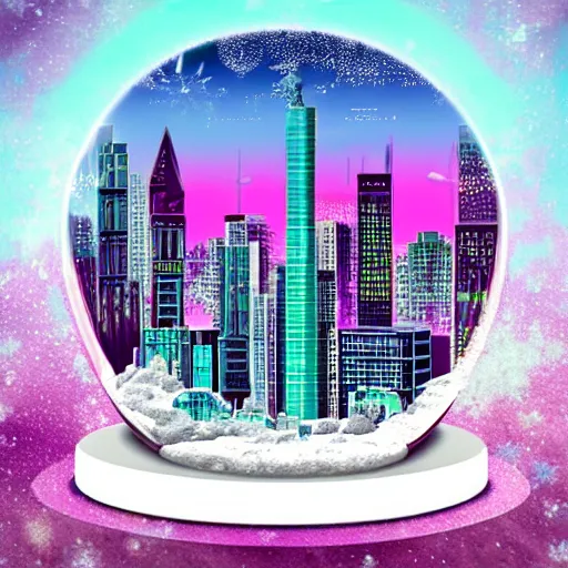 Image similar to snowglobe of a lofi vaporwave city