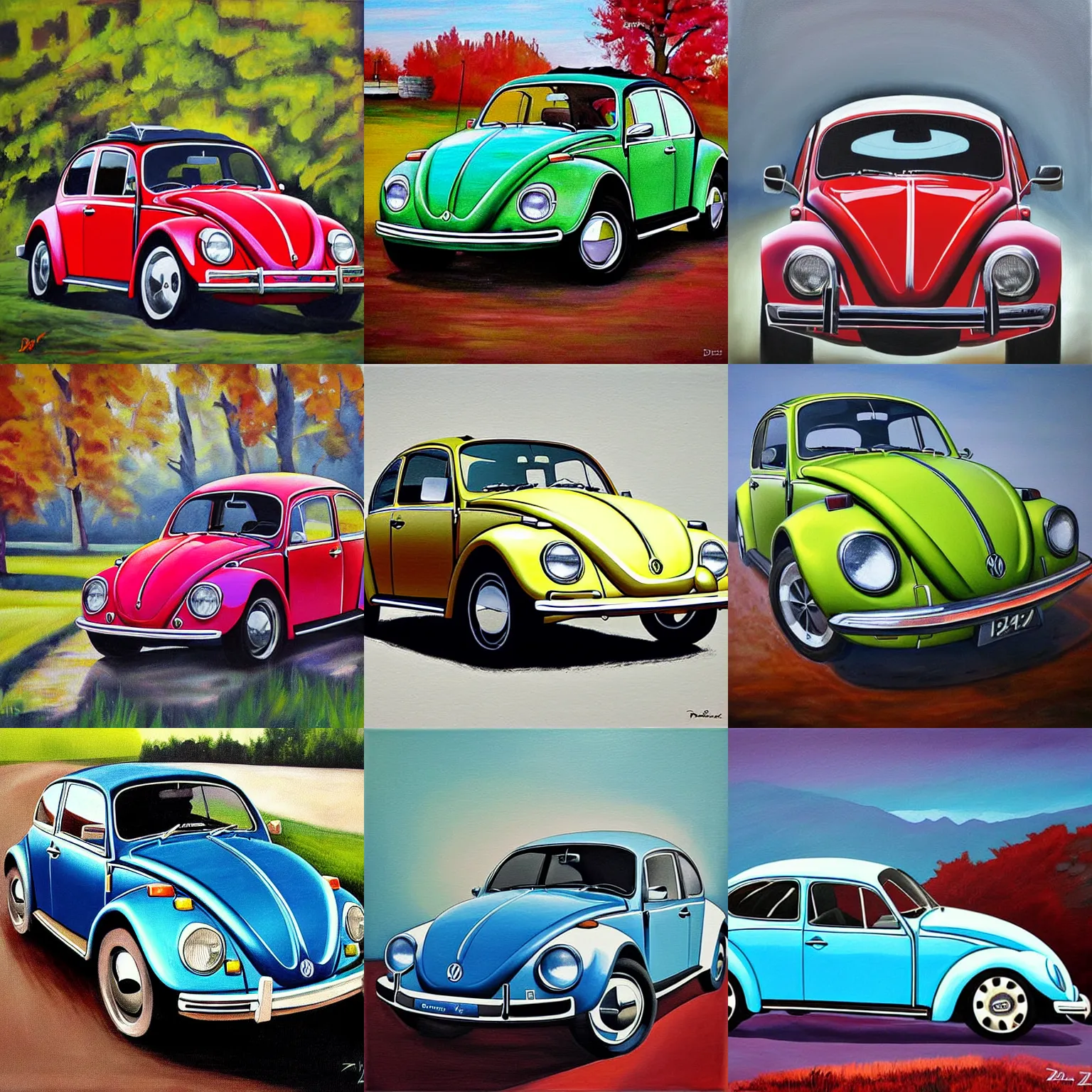 Prompt: painting of a 1970 vw beetle painted by Dariusz Zawadzki