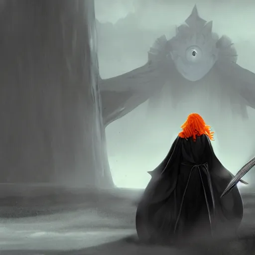 Prompt: orange haired woman standing in a black robe, sword in one hand facing away and looking at a monster, in matte painting style