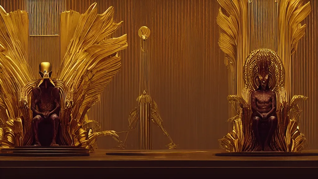 Prompt: a strange creature sits on a golden art deco throne, film still from the movie directed by Denis Villeneuve with art direction by Zdzisław Beksiński, symmetrical, wide lens