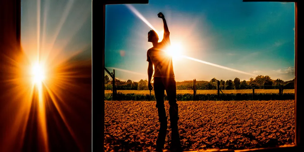 Prompt: the sunset's light beams through a window, tom holand, action pose, outside in a farm, medium close up shot, depth of field, sharp focus, waist up, movie scene, anamorphic,