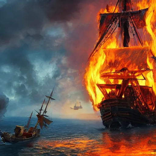 Prompt: Pirate ship on fire, digital art, detailed, artstation, realistic