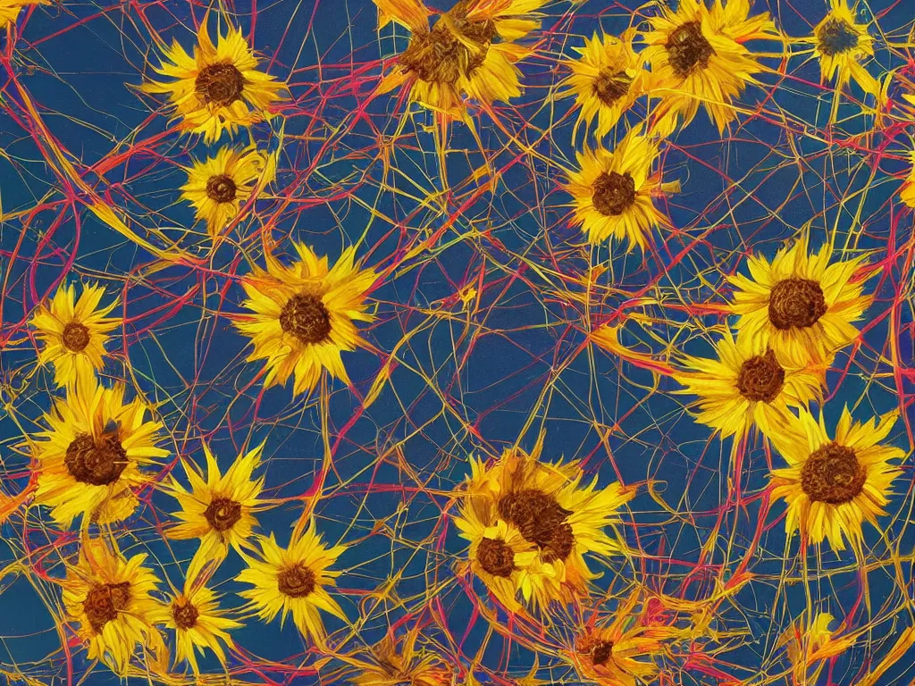 Prompt: Helianthus wallpaper, dreamcatchers, synaptic connections firing, fluid electricity, Nielly