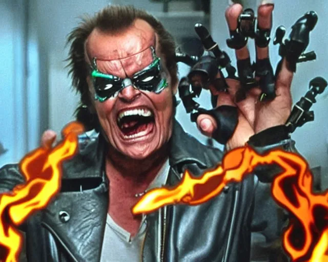 Image similar to Jack Nicholson plays Terminator Pikachu cyborg hybrid wearing leather jacket and his endoskeleton is visible his eye glows red, walking out of flames