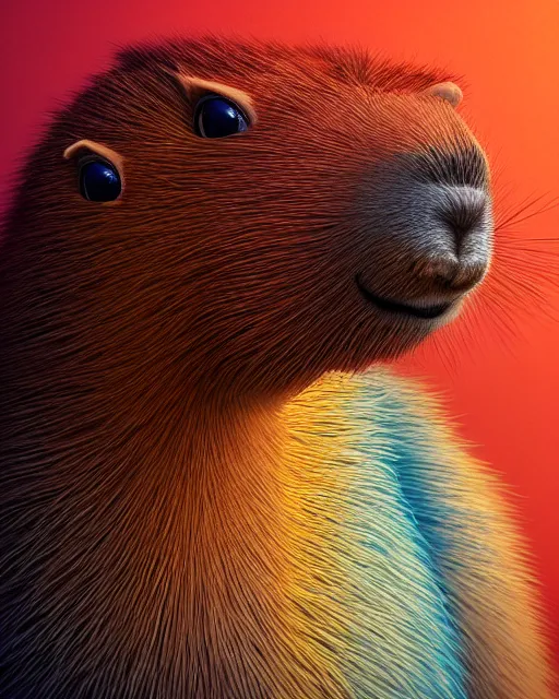 Prompt: vivid color portrait of funny giant cute eyes capybara, intricate abstract. intricate artwork, by tooth wu, wlop, beeple, dan mumford. concept art, octane render, trending on artstation, greg rutkowski very coherent symmetrical artwork. cinematic, key art, hyper realism, high detail, octane render, 8 k, iridescent accents