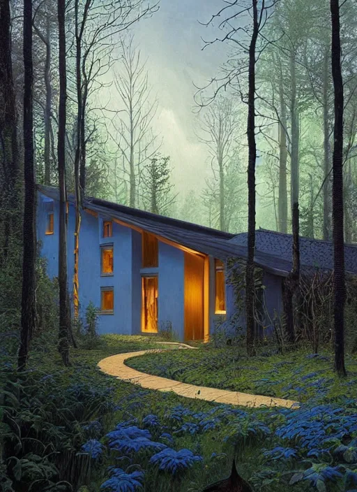 Image similar to hyper realistic witchy modern house with mood lighting and tech in the woods gorgeous lighting, blue sky, highly detailed, lush forest foliage painting by zdzisław beksinski and norman rockwell and greg rutkowski weta studio, and lucasfilm