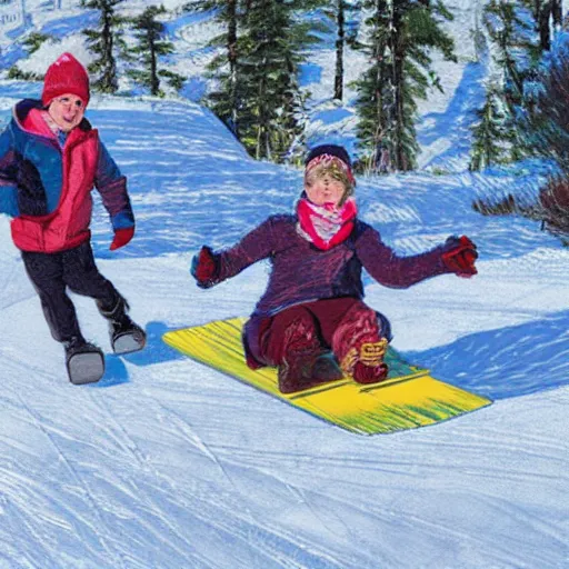 Image similar to Pogg and Yuurei sledding in Canada, 4k, sharp focus,woodcut art, greg rutkowski