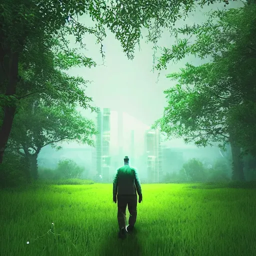 Image similar to a man walking across a lush green field, cyberpunk art by beeple, cgsociety, retrofuturism, synthwave, retrowave, outrun