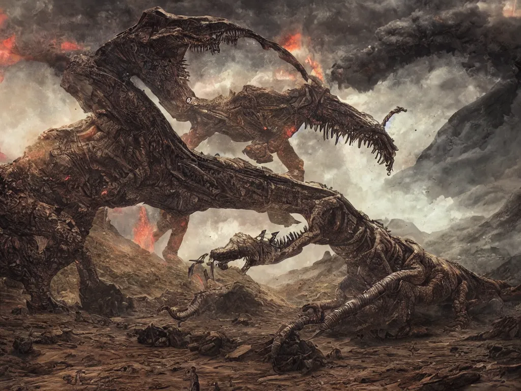 Prompt: A hyperrealistic illustration of a cyborg dinosaur in a strange landscape with volcanoes and smoke, by Enki Bilal, Anato Finnstark, award-winning, masterpiece, extreme detail, sharp focus