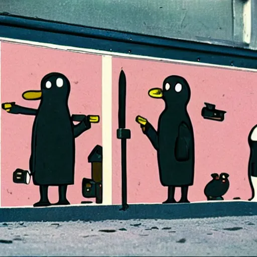 Prompt: Pingu by Otmar Gutmann and Erika Brueggemann, trying to sell guns on the street