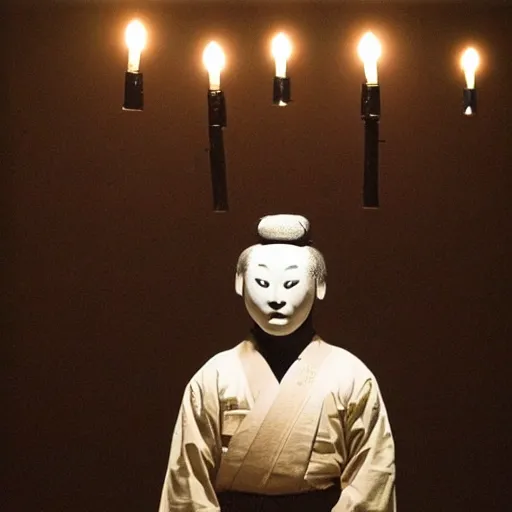 Image similar to photograph of a haunted noh theater, creepy, dark, foreboding, candlelight