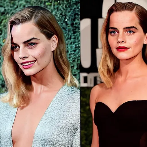 Image similar to a woman who is a genetic combination of margot robbie and emma watson face and upper - body focus