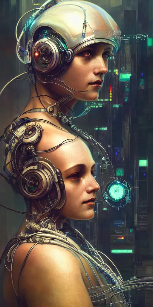 Image similar to ultra detailed photorealistic cyberpunk portrait, poster, sci fi, cybernetic, wires, robotics, by alfons maria mucha, ultra realistic illustration, high detailed, 4 k, hd, high quality