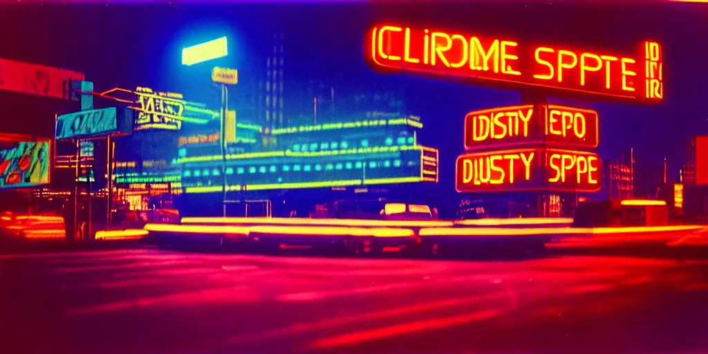 Prompt: 1 9 7 0 s chrome cityscape, mirrored finish, neon lights, dirty, ektachrome photograph, volumetric lighting, f 8 aperture, cinematic eastman 5 3 8 4 film