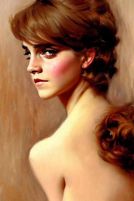 Prompt: detailed portrait of a beautiful emma watson 1 9 6 0 s hairstyle muscular, painting by gaston bussiere, craig mullins, j. c. leyendecker