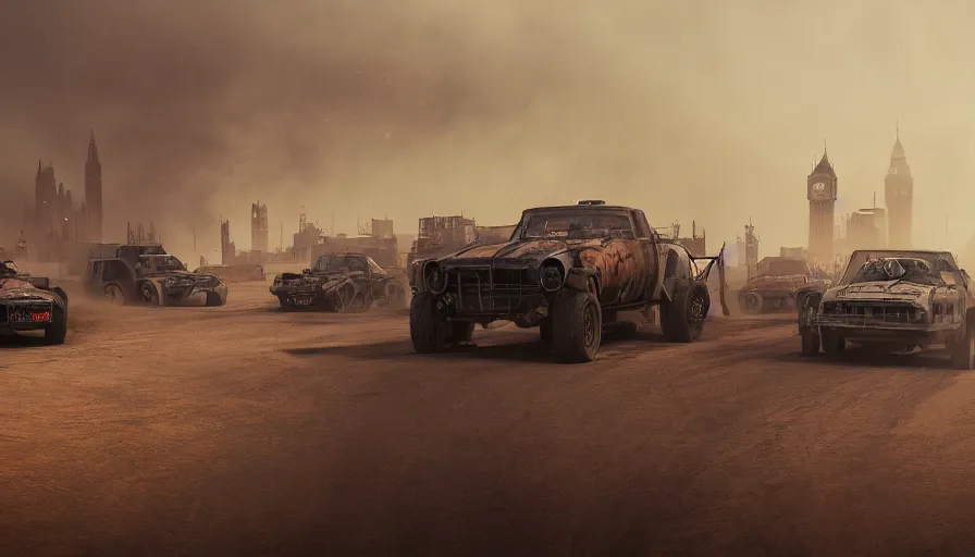 Image similar to london in mad max, sandstorm, trucks racing, smoke bombs, hyperdetailed, artstation, cgsociety, 8 k