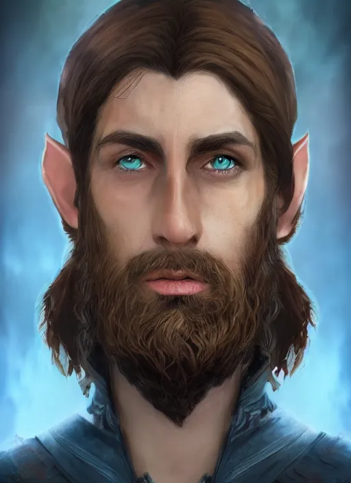 Prompt: A fantasy comic book style portrait painting of sad half elf ranger, shaggy brown hair, scruffy beard, scar on face, blue tunic, unreal 5, DAZ, hyperrealistic, octane render, cosplay, RPG portrait, dynamic lighting