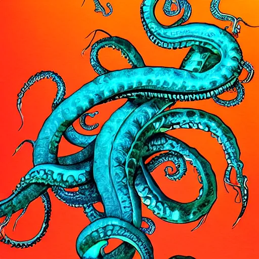 Image similar to kraken arm rising out of the ocean,, trending on artstation, colorful, intricate,