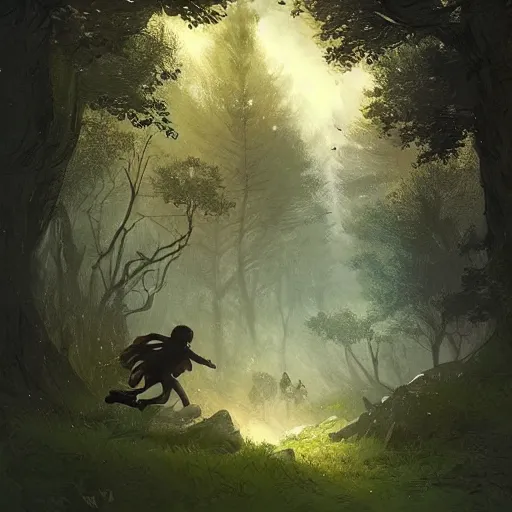 Prompt: a beautiful painting of a boy running up a hill toward a campsite being chased by bandits by Greg Rutkowski and Michael Whelan, fantasy setting,  amazing lighting, lush woodland.