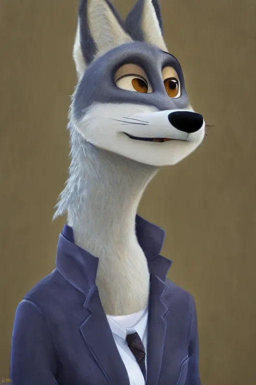 Image similar to oil painting of anthromorphic female wolf, in style of zootopia, female fursona, furry, furaffinity, 4 k, deviantart, furry art, fursona art, wearing black business suit, business suit, wolf fursona, female, smug expression,