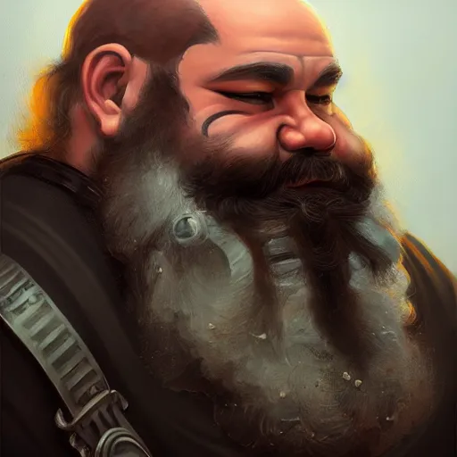 Image similar to portrait painting of a dwarven modern biker, sharp focus, award - winning, trending on artstation, masterpiece, highly detailed, intricate. art by merwild and ernesto irawan and rachel denton