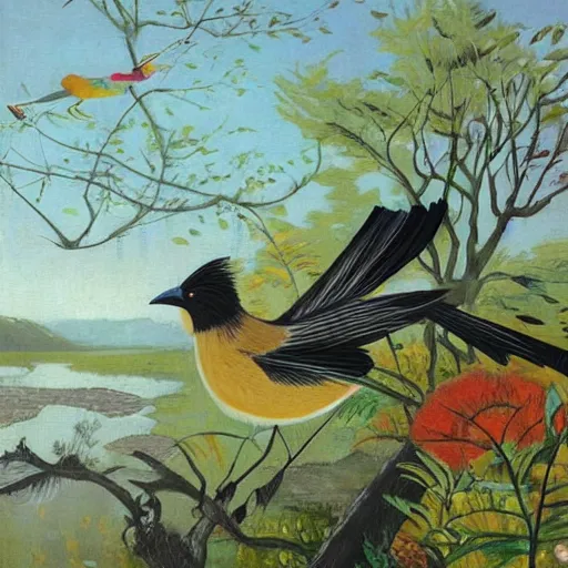 Image similar to A beautiful experimental art of a bird in its natural habitat. The bird is shown in great detail, with its colorful plumage and intricate patterns. The background is a simple but detailed landscape, with trees, bushes, and a river. graffiti by Akihiko Yoshida, by Zinaida Serebriakova dull, aesthetic