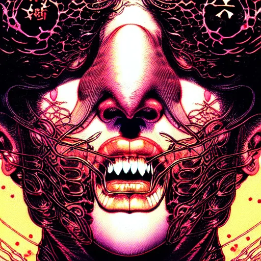 Image similar to closeup of face melting and tongues, by yoichi hatakenaka, masamune shirow, josan gonzales and dan mumford, ayami kojima, takato yamamoto, karol bak