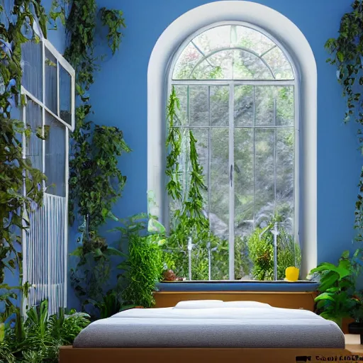 Image similar to a yellow moon shaped bed in a blue room, with plants in the windows of the room, 8 k, trending on artstation, hdr