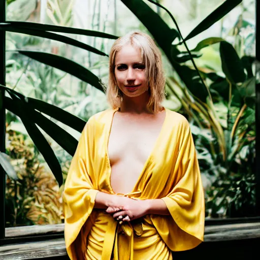 Prompt: head to shoulder portrait photograph of an elegant blond woman wearing a yellow kimono in a tropical greenhouse. looking at the camera!!. super resolution. 85 mm f1.8 lens.bokeh.graflex. Alessio albi