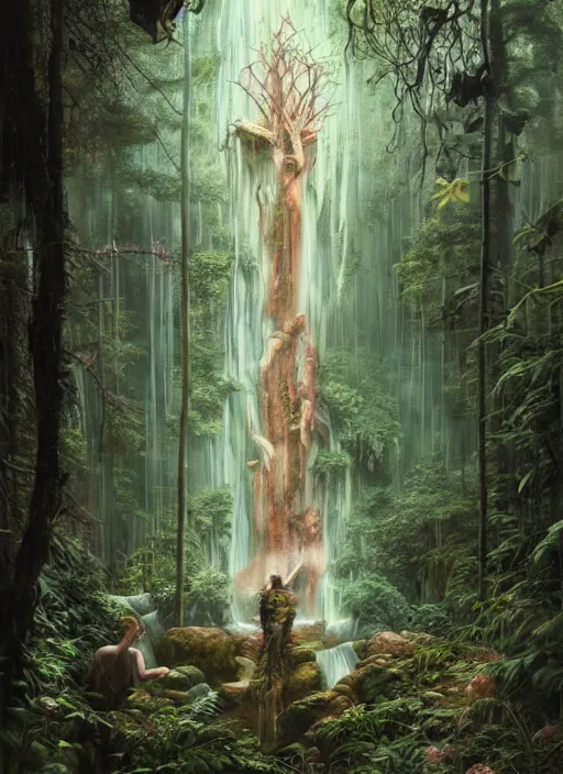 Image similar to a hyper realistic architectural witch shrine under a waterfall in the woods, gorgeous lighting, lush forest foliage, painting by chiara bautista and tom bagshaw, muca beksinski and norman rockwell and greg rutkowski weta studio, and lucasfilm