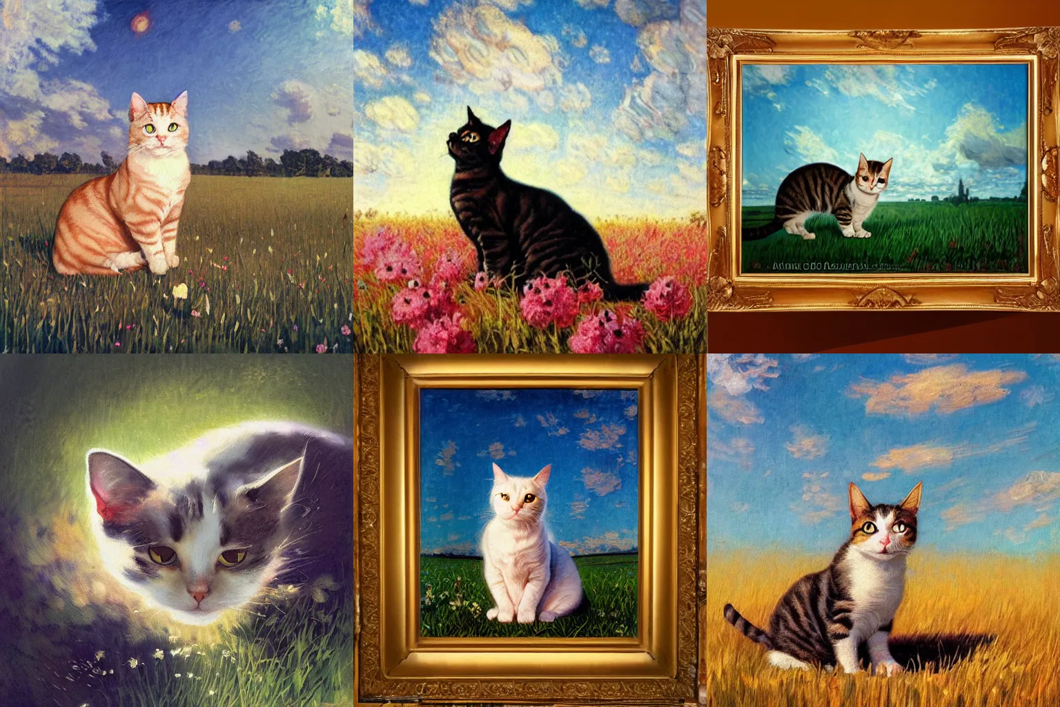 Prompt: A painting of a cat under the sky in a field, by (Ross Tran, Norman Rockwell, Leonardo da Vinci, Claude Monet), Trending on Artstation