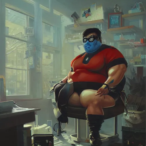 Prompt: an insanely detailed painting of a chubby nerdy asian man wearing a homemade superhero costume and mask, sitting at a computer desk typing on the keyboard, in the style of peter mohrbacher, dramatic lighting and composition, trending on artstation, concept art, comic book, graphic novel, back view