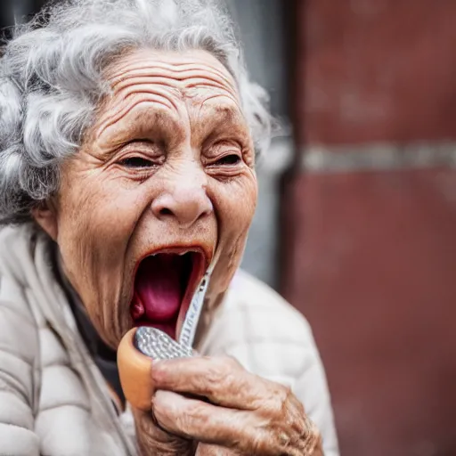 Prompt: elderly woman screaming at soup, canon eos r 3, f / 1. 4, iso 2 0 0, 1 / 1 6 0 s, 8 k, raw, unedited, symmetrical balance, wide angle