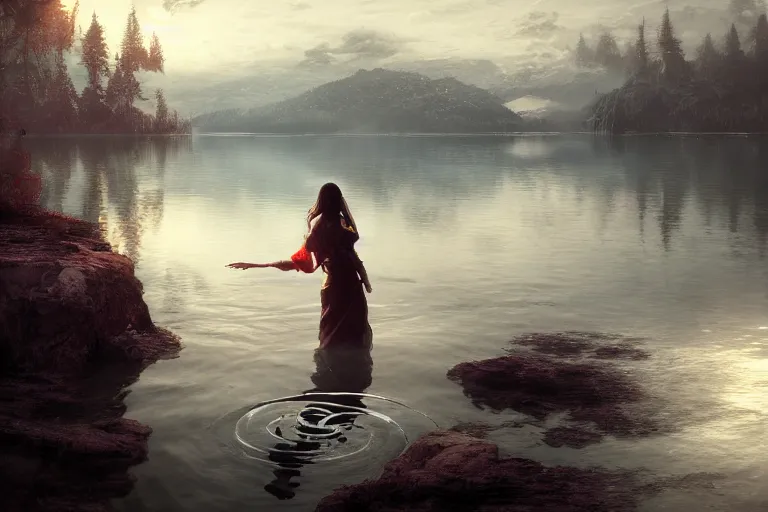 Image similar to first person perspective of a woman looking at her hands full of rings, the woman is reflected in the water of a lake, in the style of ruan jia, illustration, epic, fantasy, hyper detailed, smooth, unreal engine, sharp focus, ray tracing