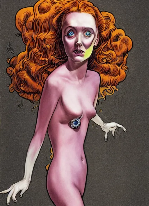 Image similar to surrealism psychedelic cartoon portrait sketch of lily cole as delirium of the endless from the sandman, by alex ross, brian bolland, detailed, elegant, intricate