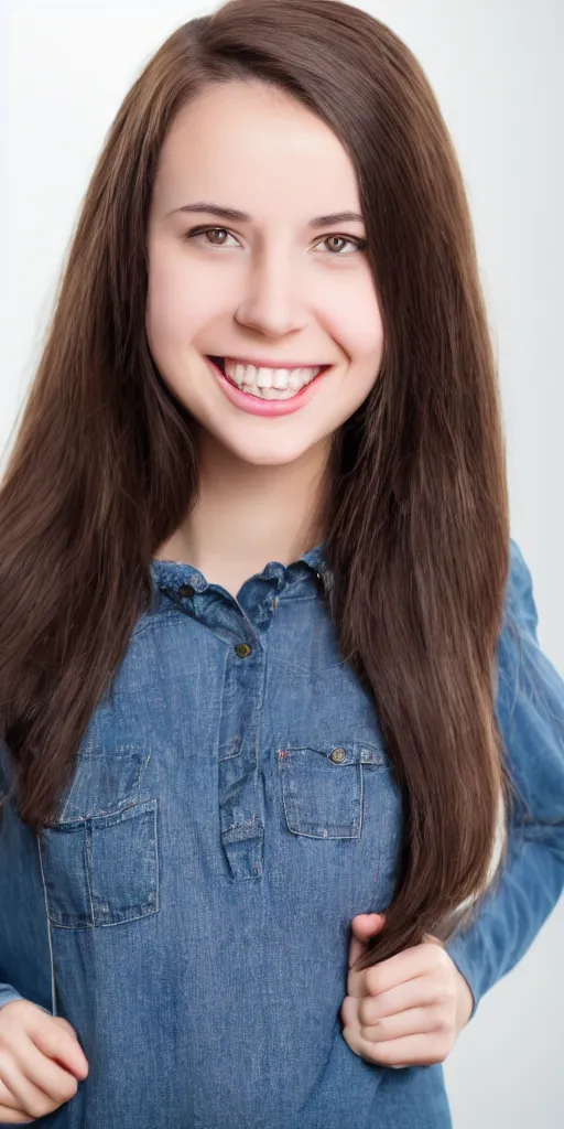 Prompt: school picture day photo of young woman with dark brown hair looking into the camera and with an excited smile, full body, ultrarealistic, 8k