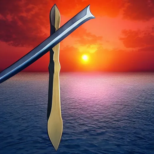 Prompt: a floating sword in front of a sunrise, extremely realistic and beautiful