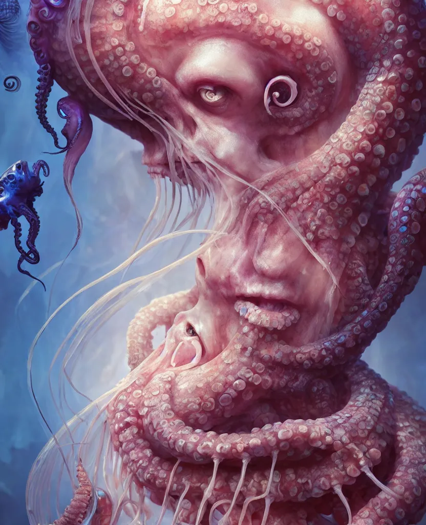 Image similar to goddess close - up portrait human skeleton, ram skull, octopus, jellyfish, orchid, betta fish, bioluminiscent, intricate artwork by tooth wu and wlop and beeple. octane render, trending on artstation, greg rutkowski very coherent symmetrical artwork. cinematic, hyper realism, high detail, octane render, 8 k