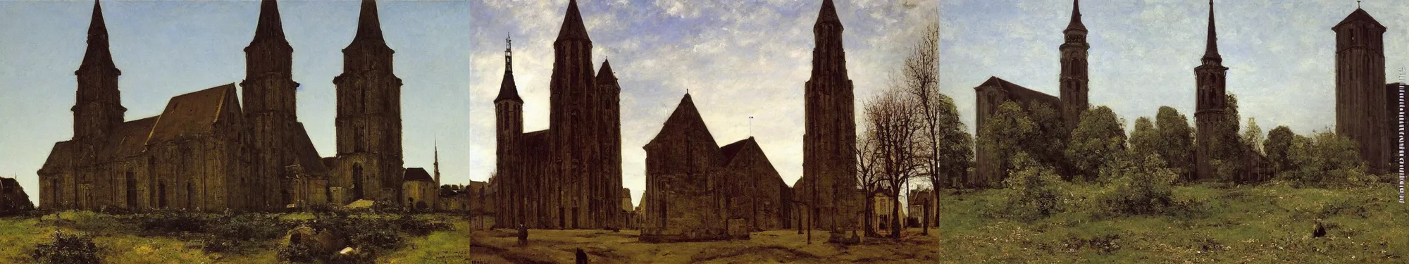 Prompt: High-Quality realist painting of the belfry of Ieper by Gustave Courbet, peaceful, very detailed, oil on canvas.