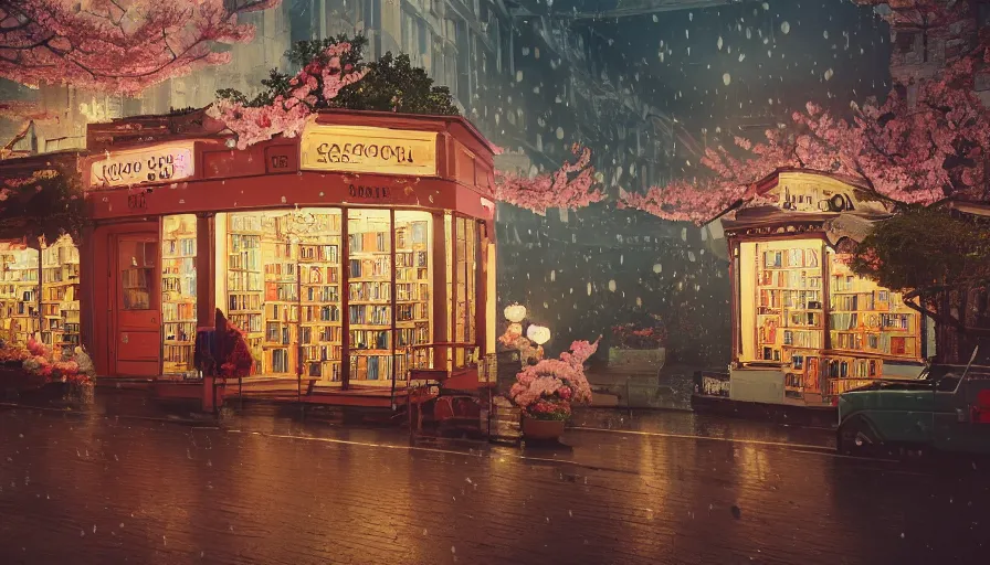 Prompt: a Wes Anderson 35mm film still of a very surreal magic bookshop with a minuature mountain city inside , apothecary, botanical garden, falling cherry blossom pedals, in the style of Gucci, glowing lights and floating lanterns, foggy atmosphere, crystals, rainy, moody, muted colors, magic details, very detailed, 8k, cinematic look, octane render, psychedelic,