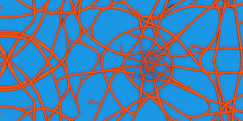 Prompt: Intricate network design by M.C. Escher, network pattern at the background. Minimalistic design, contemporary design, abstract design. Parallax. Blue, cyan and orange palette. Vivid, 8K, Epic, Masterpiece