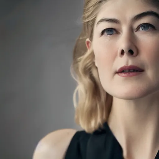 Image similar to rosamund pike wearing black robe and golden necklace cinematic photoshoot high quality highly affordable photo realistic 8 k hd