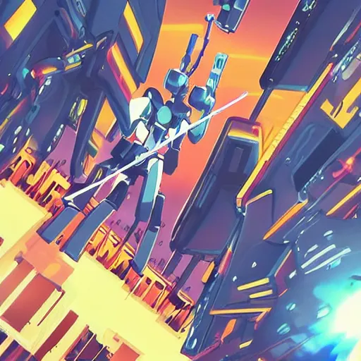 Image similar to A cell animation of a robot shredding a guitar solo in a futuristic city street, macross, gundam, ghibli style, illustration, anime, trending on artstaion