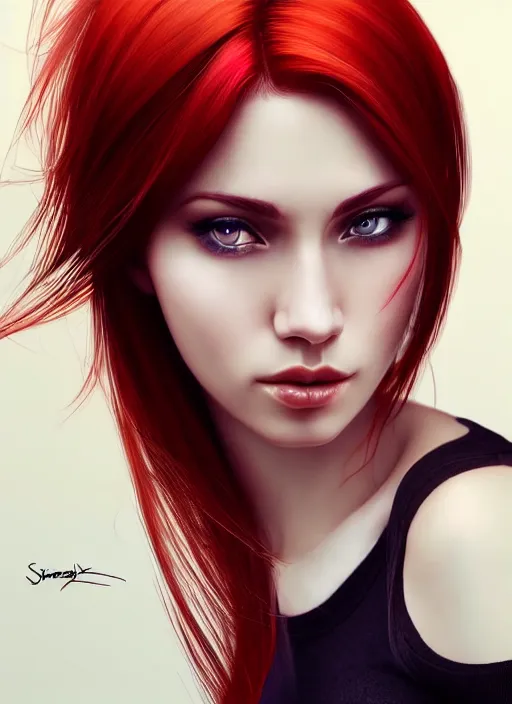 Image similar to photo of gorgeous woman with her right side hair dyed red and left side hair white in the style of stefan kostic, realistic, half body shot, sharp focus, 8 k high definition, insanely detailed, intricate, elegant, art by stanley lau and artgerm, foggy backgeound